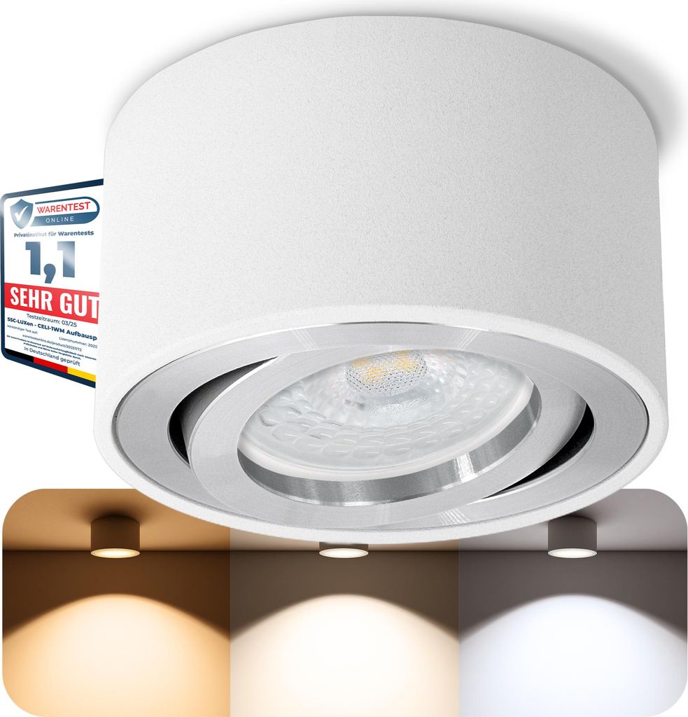 SSC-LUXon CELI-1 LED Aufbauspot weiß rund - flach & schwenkbar - Aufbaustrahler inkl. wechselbarem LED 230V Modul 4W drei einstellbaren Lichtfarbe...