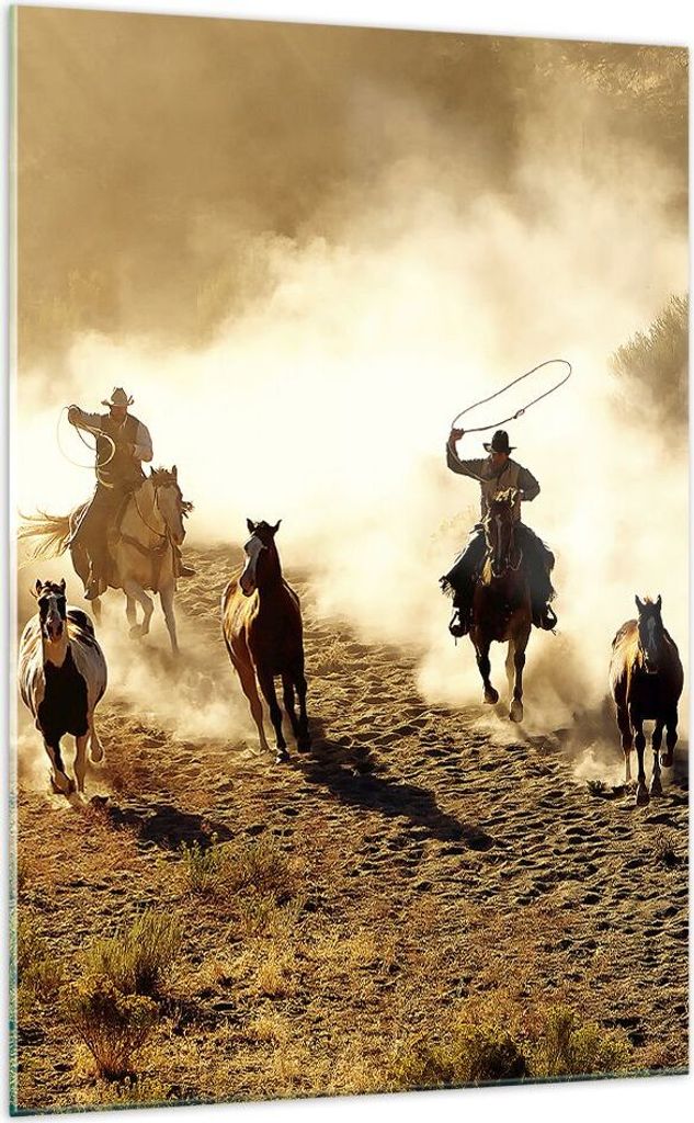 Bilder auf glas - Einteilig - Cowboys Pferde Galopp - 70x100cm - Glasbilder - Wandbilder - Bilder - zum Aufhängen bereit - Wanddekoration aus Glas...