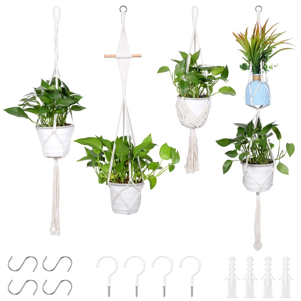 Suspensions plantes bohèmes blanches en coton, lot de 4 avec franges