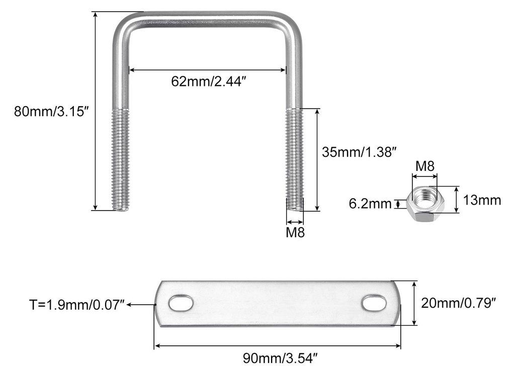 5 S?tze Quadratische U Bolzen 62mm(2.44") Innenbreite 80mm L?nge M8 304 Edelstahl U Klemmschraube mit Mutter und Platte fš¹r Bootsanh?nger