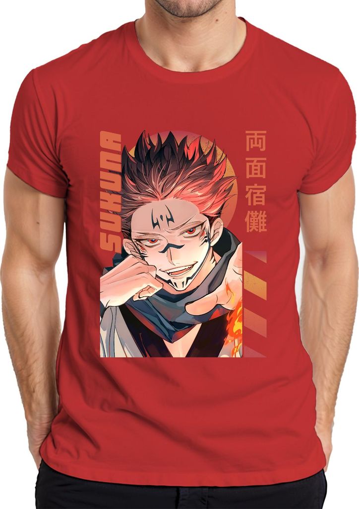 Sukuna Jujutsu Kaisen Ryomen Dämon Flamme Manga Anime Ästhetik Herren T-Shirt, Rot, L