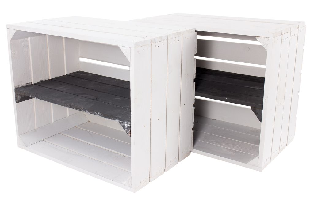 2er Set neue weisse Holzkiste mit Regalboden in schwarz 50cm x 40cm x 30cm Regal Wandregal Obstkisten/Weinkisten Kiste Holzregal Apfelkiste weiß