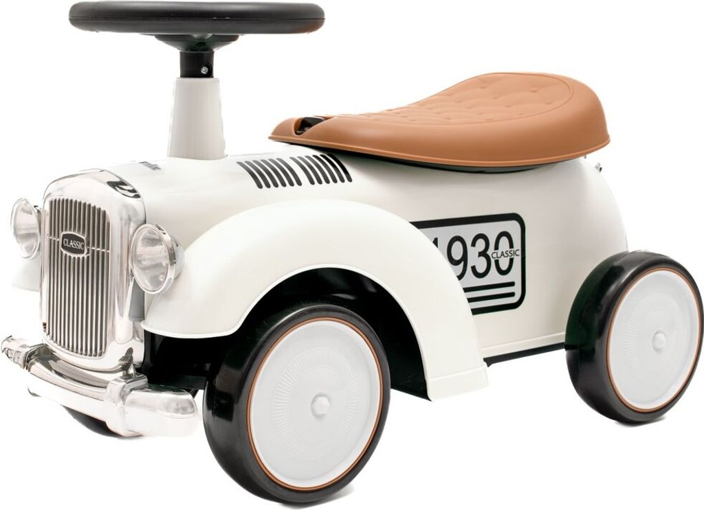A white toy car with a brown seat and black wheels, presented on a white background.