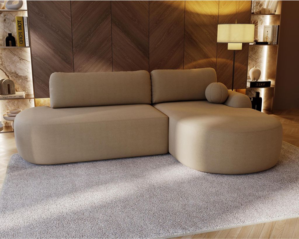 Ecksofa CLOUD O mit Schlaffunktion Eckcouch L-Form Bouclé modernes Sofa fürs Wohnzimmer, Farbe: Beige (Lambi 10), Seite: rechts