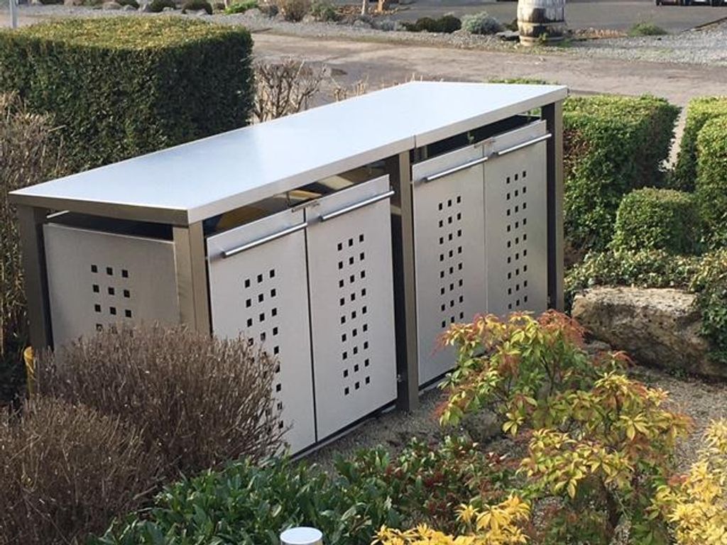 reinkeDESIGN | Mülltonnen-Box 4er, 4x240L | Typ_E | Flachdach, Pfosten in Edelstahl, Blenden in V2A | Ideal für Eigenheim, Germany