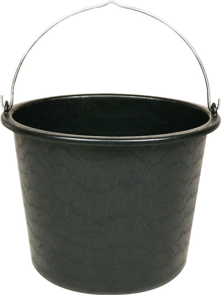 A black bucket with a metal handle is shown against a white background.