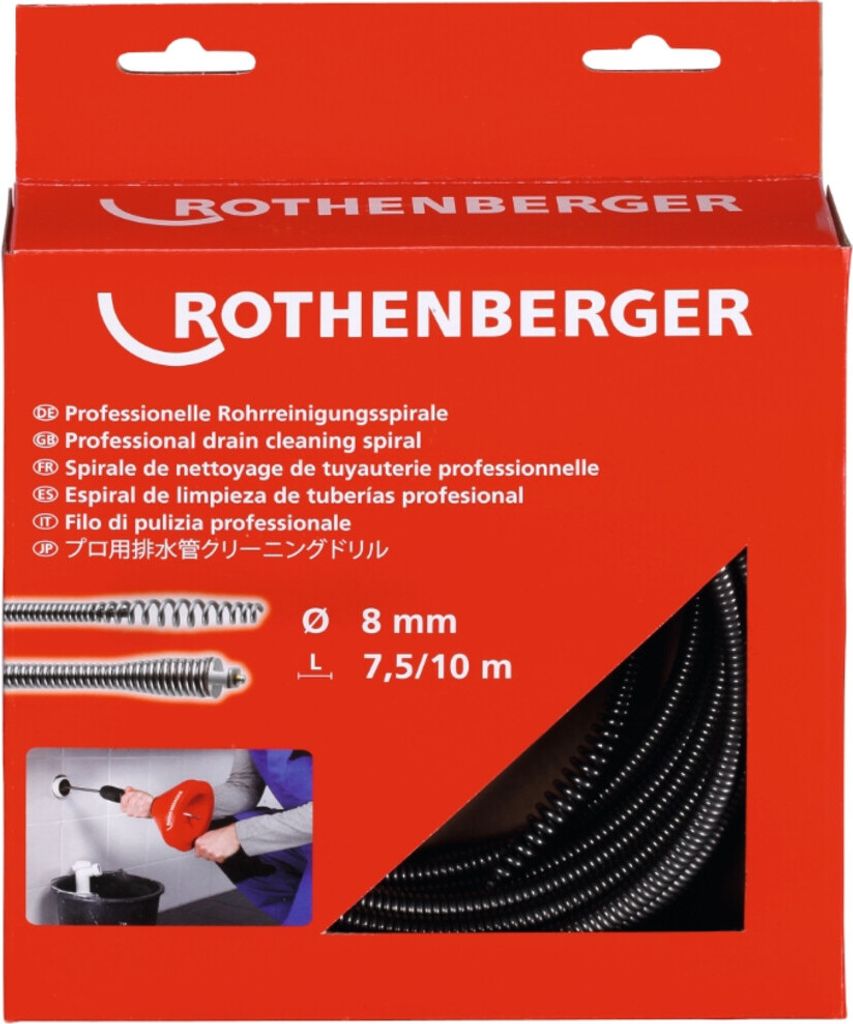 The image shows the packaging of a ROTHENBERGER drain cleaning spiral, with product details and an illustration of its use.
