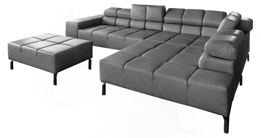 KAWOLA Sofa NELSON Ecksofa Leder anthrazit mit motorischem Sitzvorzug und Hocker Recamiere rechts