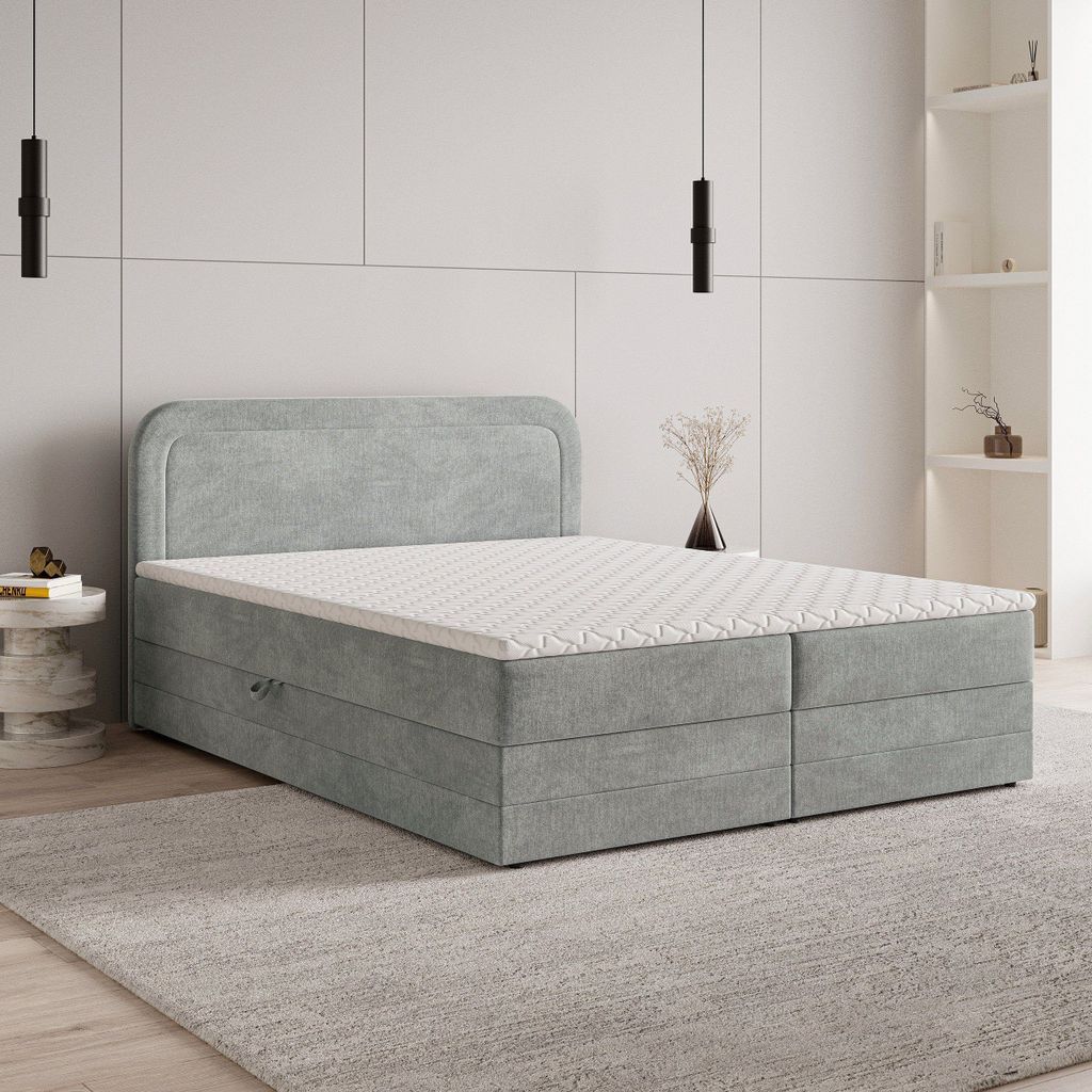 Masseno Boxspringbett ARMEL 140x200 cm Komplett-Set mit Bonell Matratze und Topper, Polsterbett mit Bettkästen -Hellgrau, MONOLITH 84