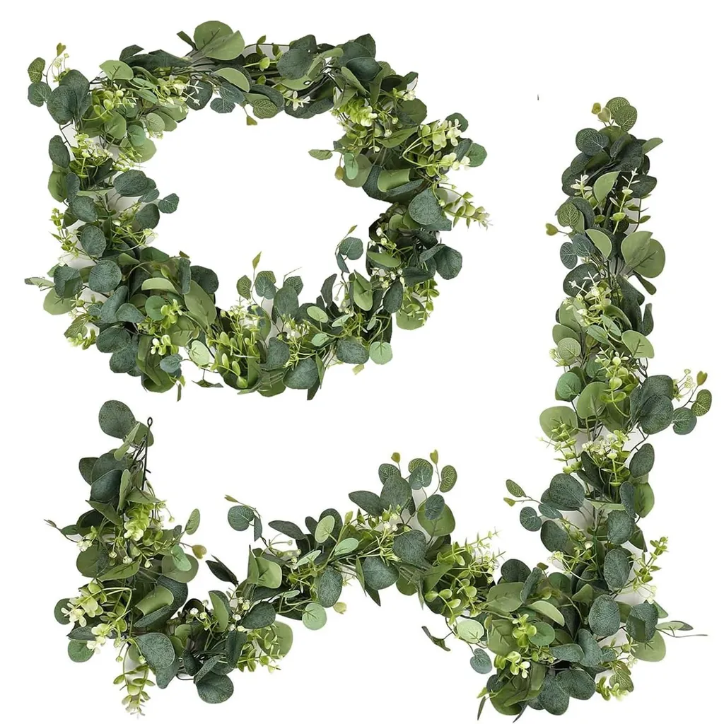Guirlande Eucalyptus Artificiel 180cm, Décoration Végétale Verte & Fleurs