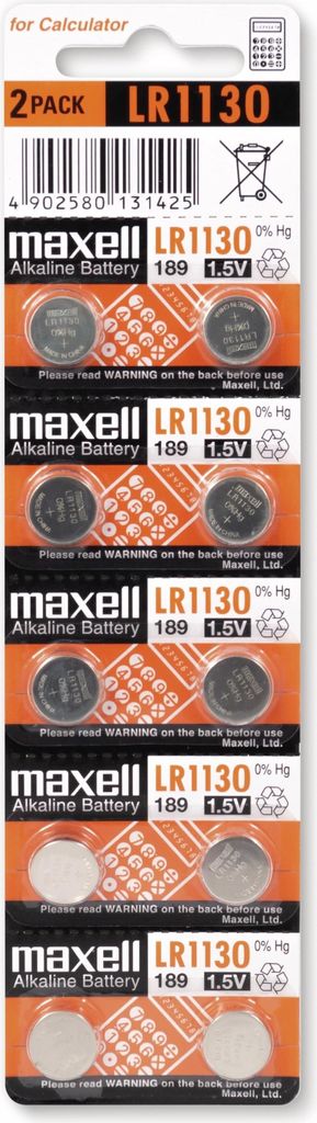 A retail package of Maxell LR1130 alkaline button cell batteries.