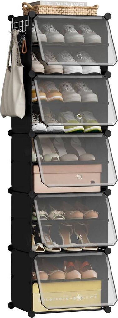 EUGAD Schuhboxen, Schuhregal Kunststoff, mit Haken, Tür, Schuhaufbewahrung platzsparend, 40 x 150 x 30 cm Schwarz