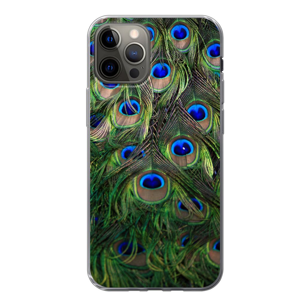 MuchoWow Handyhülle Schutzhülle Hülle für iPhone 12 Pro Nahaufnahme von Pfauenfedern Silikon Softcase Handy Hülle - Abdeckung