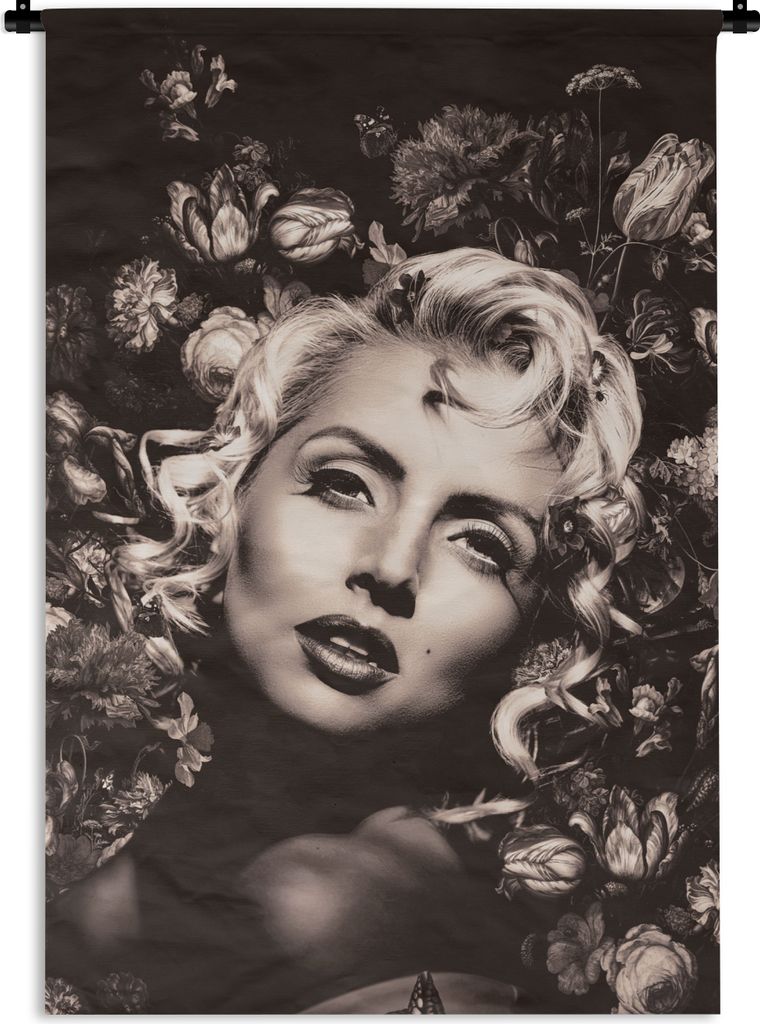 MuchoWow Wandteppich Wandbehang Frau - Blumen - Schwarz - Weiß 60x90 cm Tapisserie Dekoration Wandtuch - Foto-Teppich - Abwaschbar