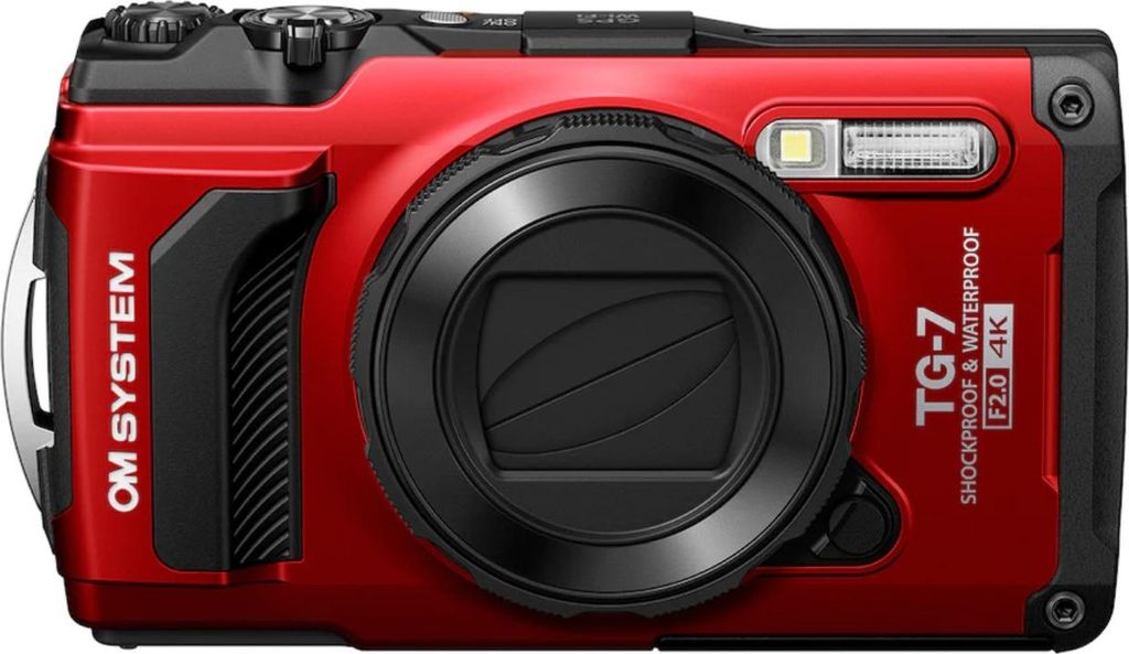 A red and black digital camera is shown from the front.