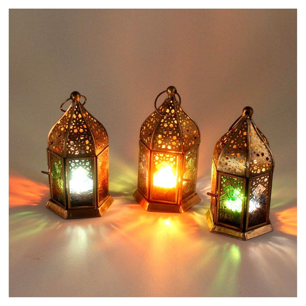 Orientalisches Windlicht Nael Multi 3er Set aus Metall und Reliefglas bunt, Höhe 16 cm, marokkanische Glaslaterne im Antik-Messing-Look, Teelichth...