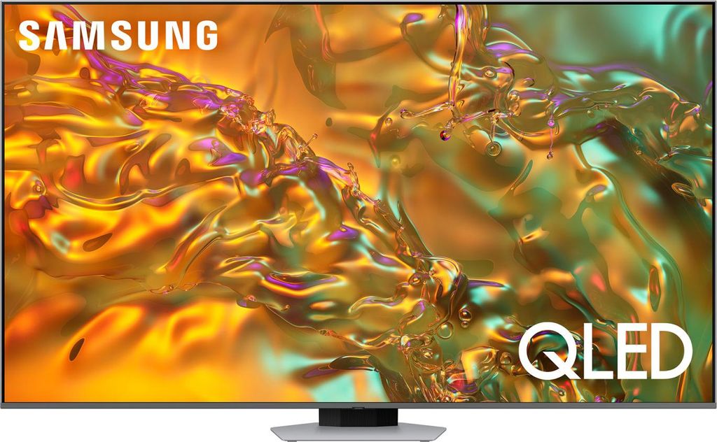 A Samsung QLED TV displaying a colorful, abstract image.