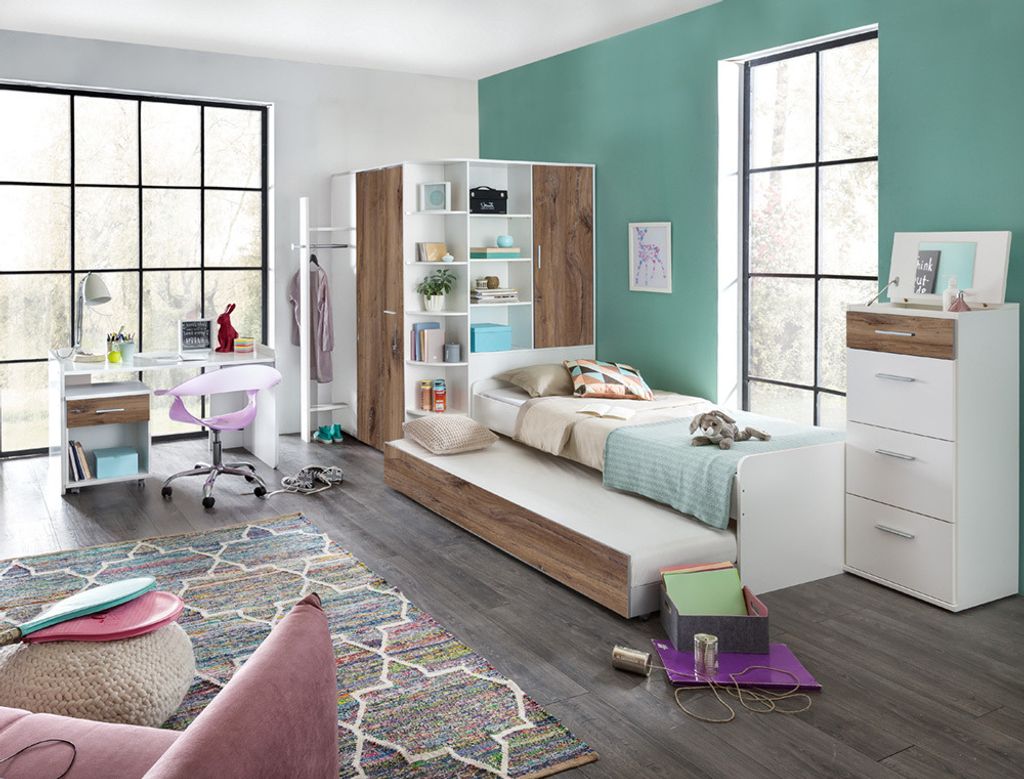 Jugendzimmer komplett Set mit Eckkleiderschrank, begehbar und beleuchtet JOHANNESBURG-43 in weiß mit Eiche Nb.