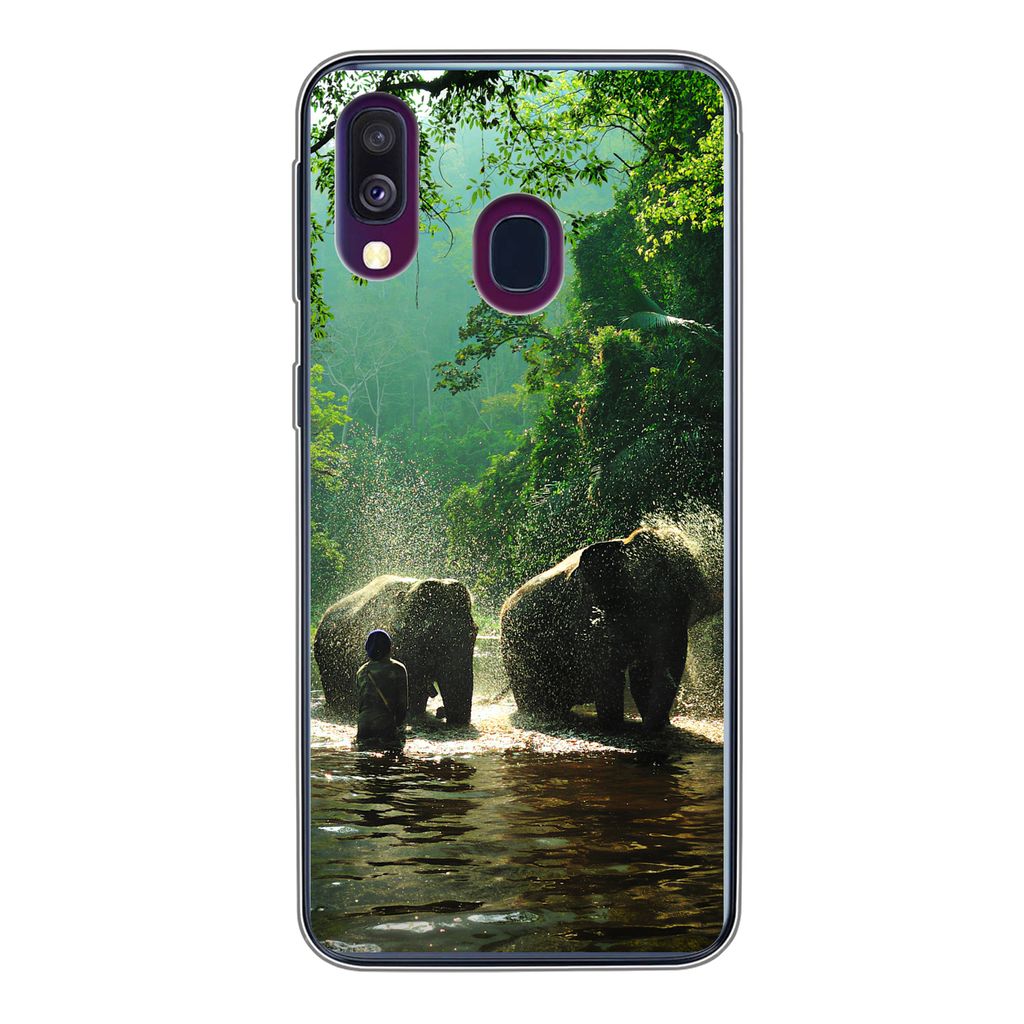 MuchoWow Handyhülle Schutzhülle Hülle für Samsung Galaxy A40 Elefant - Wasser - Bäume - Grün - Tiere Silikon Softcase Handy Hülle - Handy-...