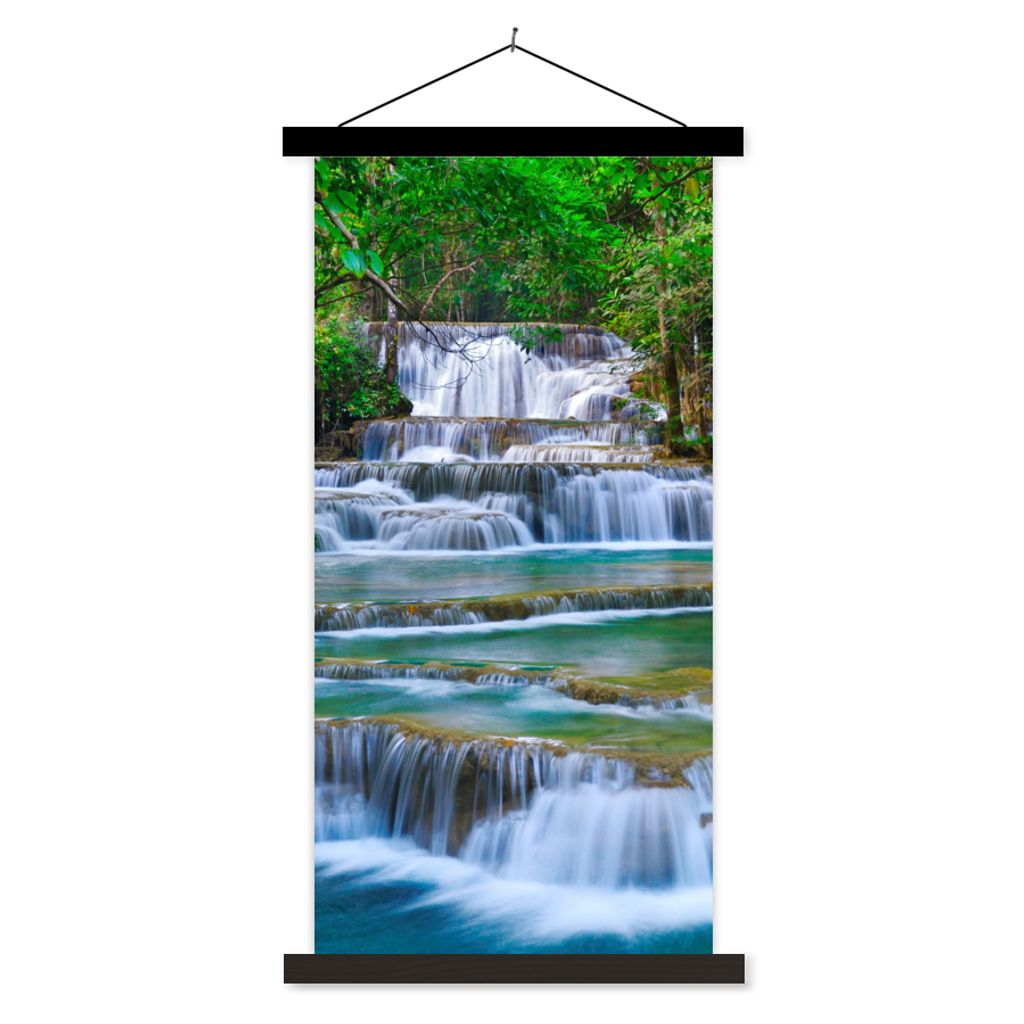 MuchoWow Textilposter Wasserfall - Bäume - Natur - Dschungel 90x180 cm mit schwarzem Rahmen - Dekoration Wohnzimmer