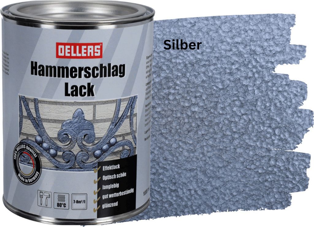 OELLERS Hammerschlaglack Silber 1L – 3in1 Metallschutzlack mit Rostschutz | Effektlack für Metall innen & außen | wetterfest & strapazierfähig