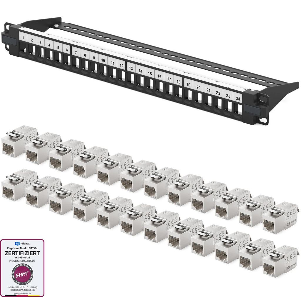 hb-digital Patchpanel 19 zoll 24-Port mit CAT 6a RJ45 Produktbild 