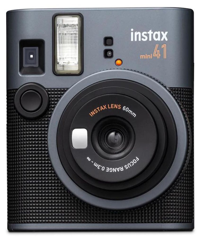 A front view of a gray and black Instax Mini 41 instant camera.