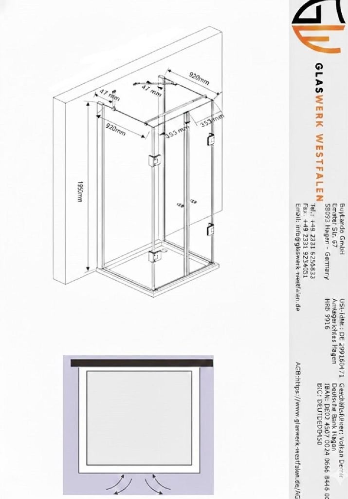Glaswerk Westfalen- Emma 100x80x100cm U Duschkabine GD+TS