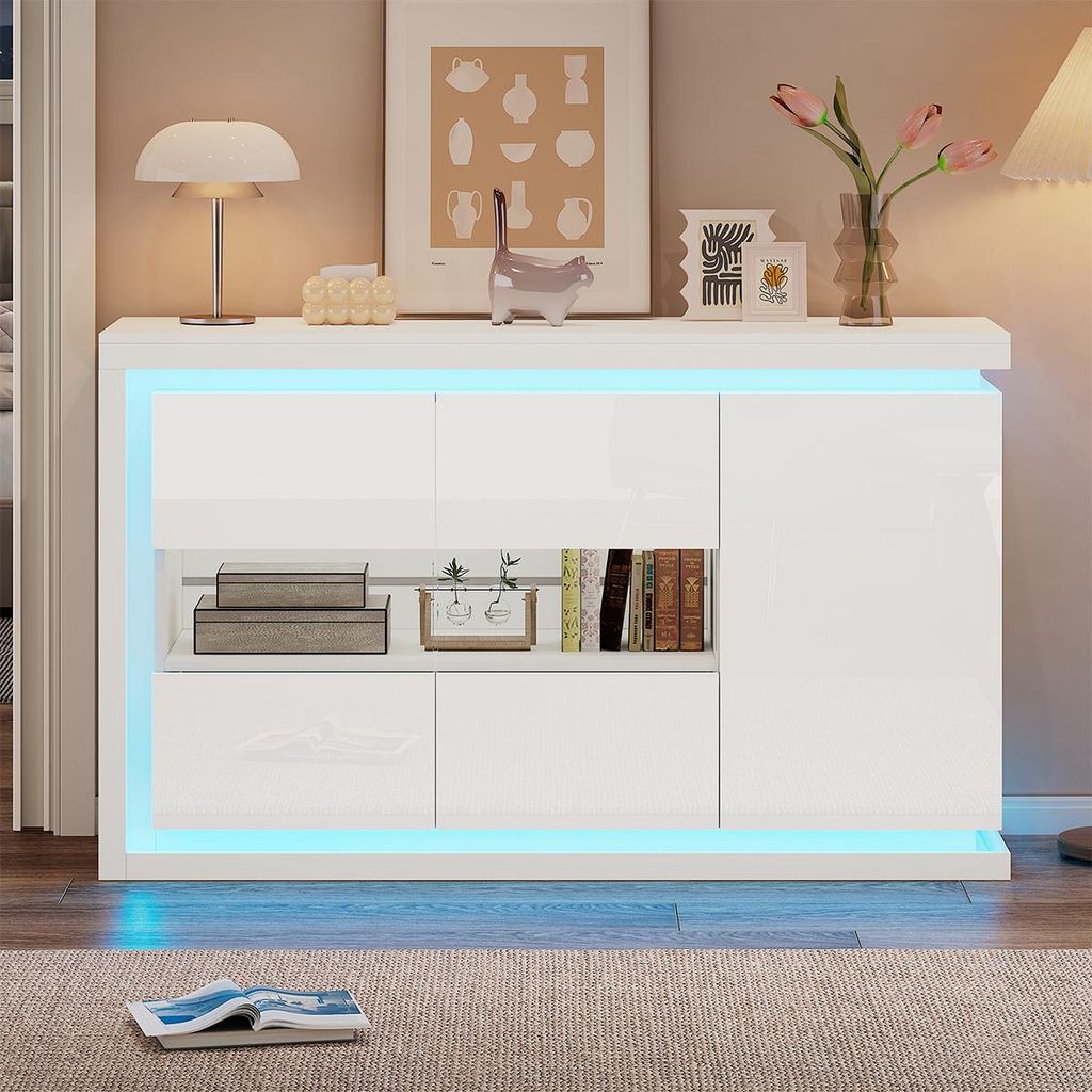 Sideboard mit LED-Lichtleiste und Türen aus gehärtetem Glas Aufbewahrungsschrank Kommode 140*40*84cm