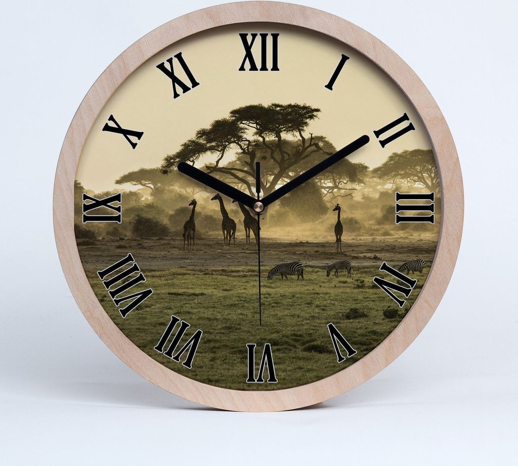 Holzuhr 20fi cm wanduhr - schwarze Spitzen - Giraffen in der Savanne