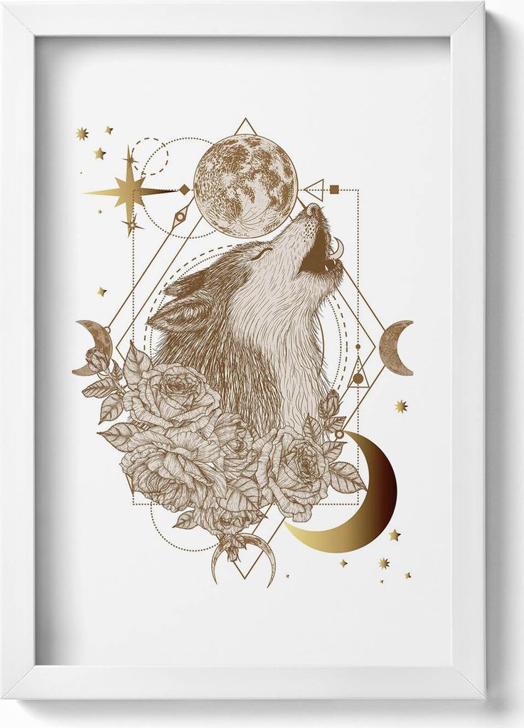 Magischer Kosmos Komposition von Wolf und Blumen– Wandbild mit Rahmen – Gerahmtes Bild – Wanddekoration – 20x30 cm – Weiß