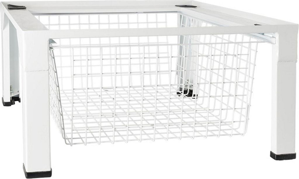 A white metal under-sink base with a wire basket.