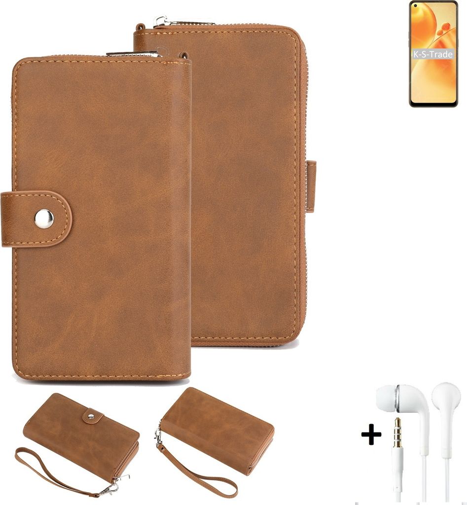 K-S-Trade Handy Schutz Hülle kompatibel mit Oppo F19s + Kopfhörer Portemonnee Tasche Wallet-Case Bookstyle-Etui braun (1x)