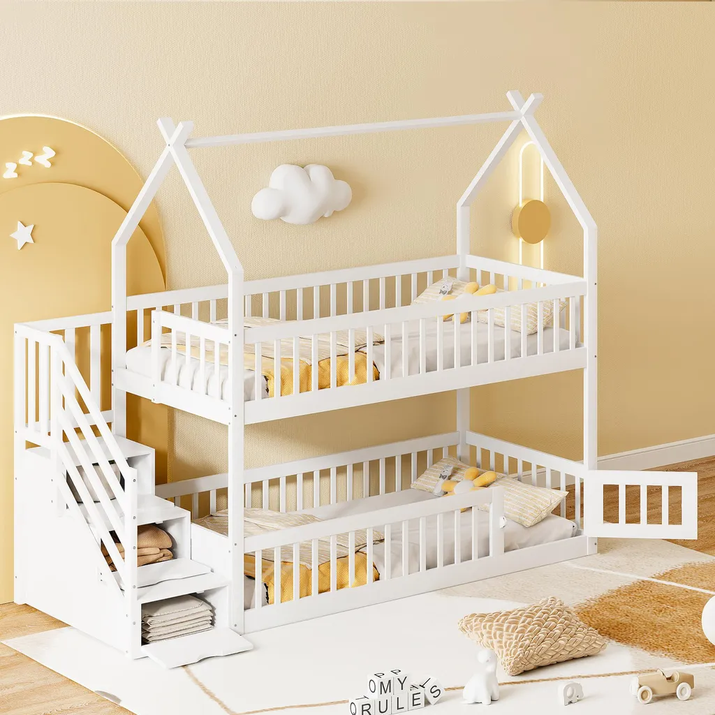 Lit cabane superposé enfant avec rangements et escalier de sécurité - 2