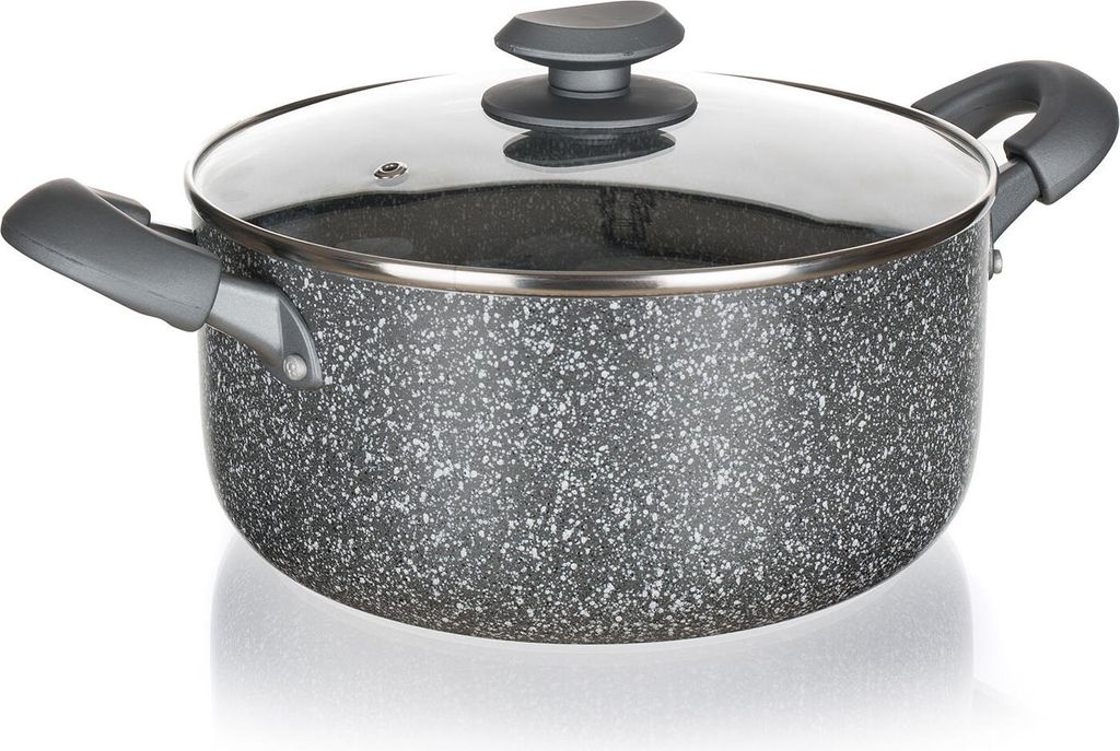 A studio shot of a cooking pot with a lid.