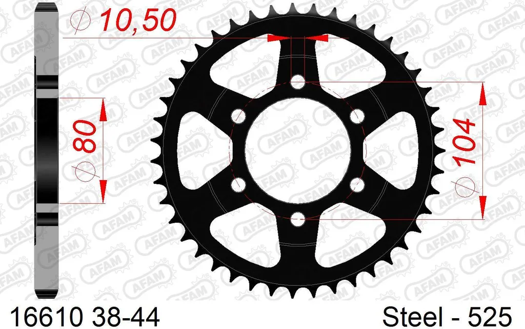 Pignon 42 dents AFAM 525 noir en acier robuste 6 trous de fixation