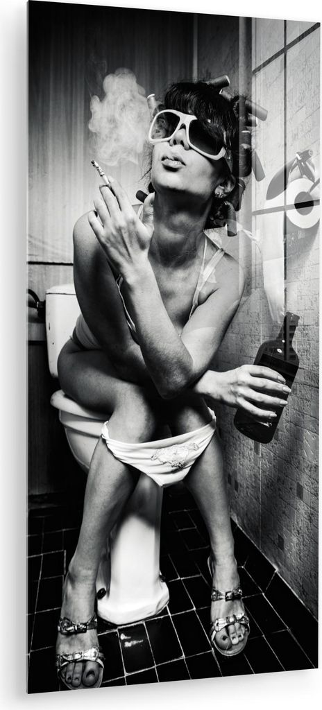 MuchoWow Glasbilder - Bilder auf Wandbild - Foto auf Glas Frau - Vintage - Lockenwickler - Toilette - Zigarette 60x120 cm Wanddekoration aus Glas -...