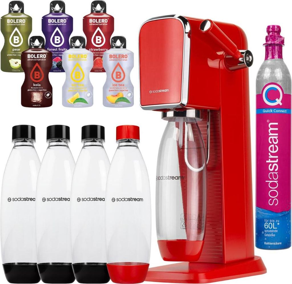 SodaStream Art Red Wassersprudler + SodaStream Flaschen 3 Stück Schwarz 1L Fuse + Bolero