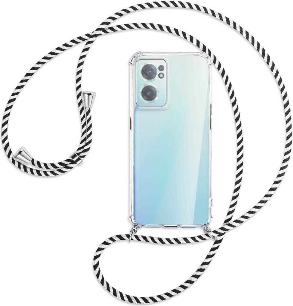 Handykette Backcover-Schutzhülle mit Band (Metall silberfarben) für OnePlus Nord 2 CE - schwarz/weiß gestreift