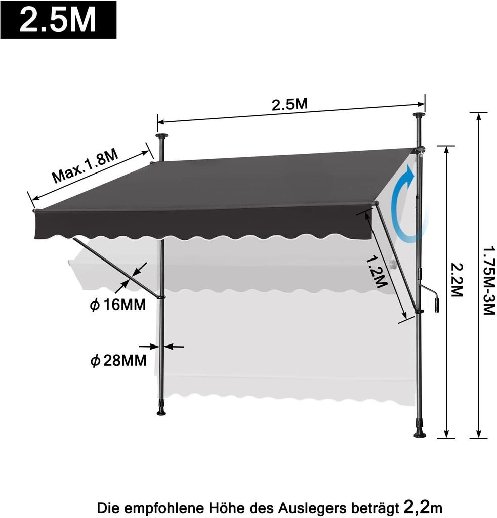 FIVMEN Klemmmarkise Balkon 250cm breit - Markise mit