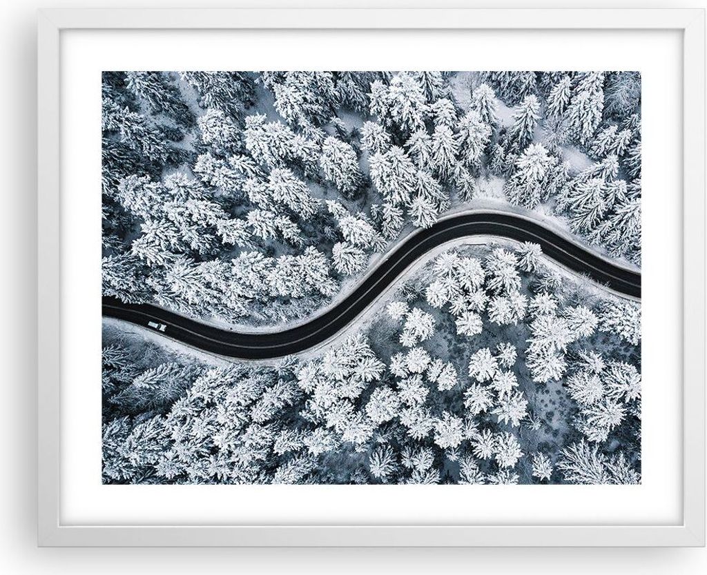 Gerahmtes Poster - Weißer Rahmen - Wald Winter Straße - 50x40 cm - Wand Bild - Wanddeko - Wandbilder - Kunstposter - Wandposter - Bilderrahmen - ...