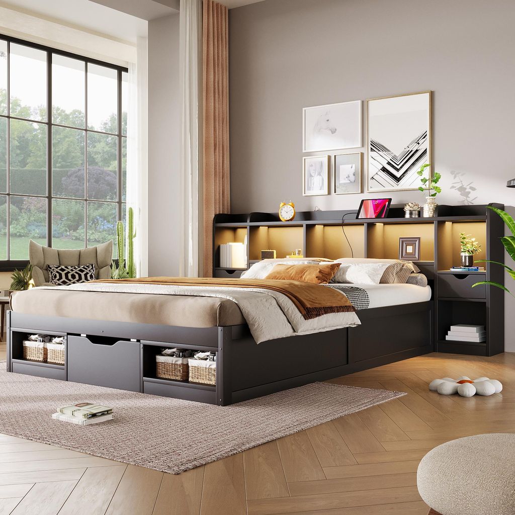 Merax platformbed 140x200 cm, tweepersoonsbed met 3 lades, Productafbeelding 