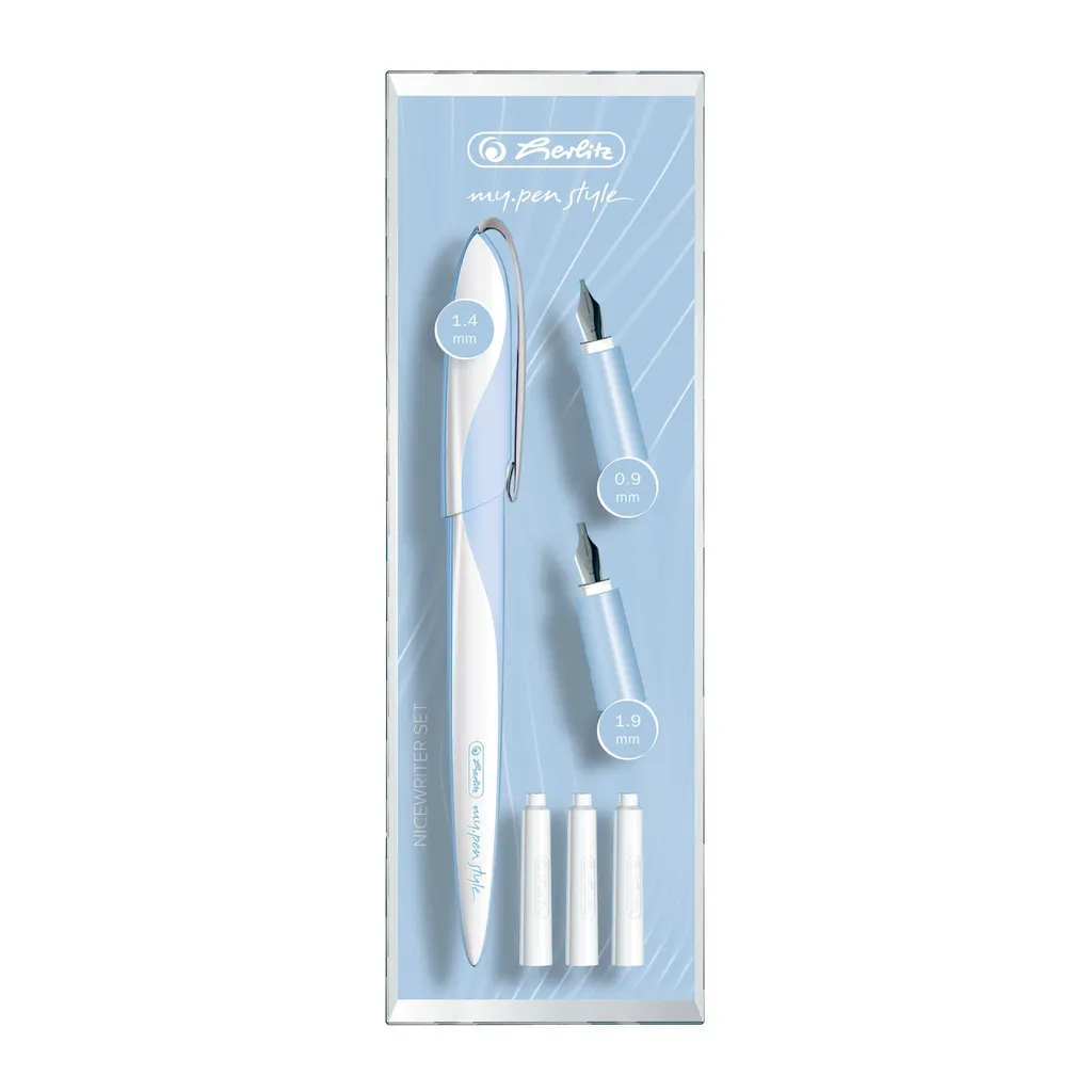 Stylo plume Herlitz anti-fatigue bleu clair avec plumes et cartouches