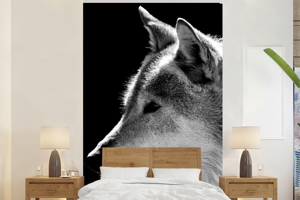MuchoWow Fototapete für Wohnzimmer oder Schlafzimmer Wandtapete Vinyl Motivtapete Wildlife - Wolf - Schwarz - Weiß - 225x350 cm - Schlafzimmer ...
