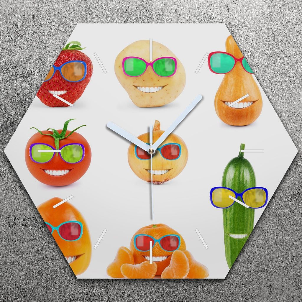 Uhr hexagonal 40 cm Glas Geräuschlos weiße Zeiger - Farbige Früchte