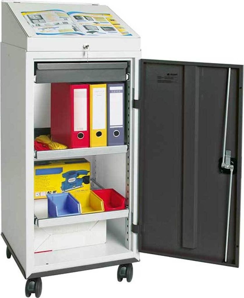 Fahrbares Universal-Schrankpult | HxBxT 131x50x50cm | 2 ausziehbare Wannenböden & 1 Schublade | Lichtgrau/Anthrazitgrau