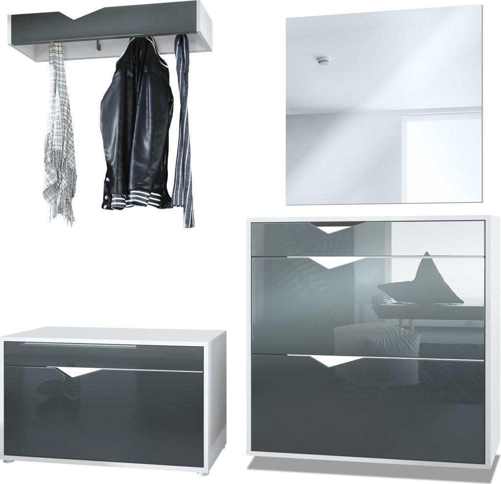 Vladon Garderobe Kolmio 190 x 185 x 33 cm Flurgarderoben Set, Germany, Korpus in Weiß matt, Fronten in Grau Hochglanz | Große Farbauswahl