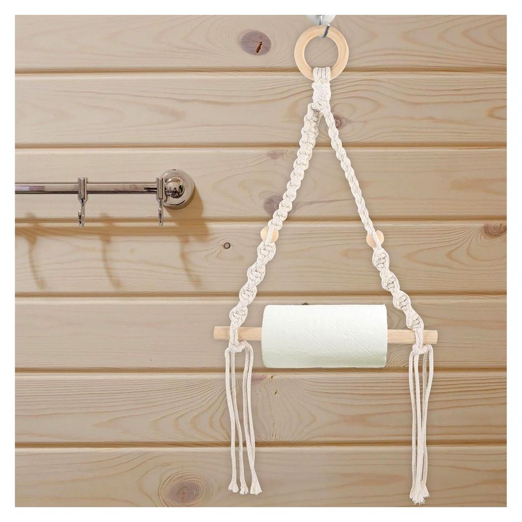 Wandmontierter Toilettenpapierhalter aus Makramee im Boho-Stil aus Baumwolle und Holz für das Badezimmer