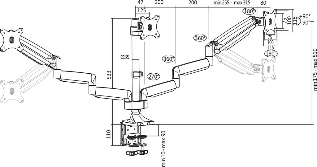 Support de bureau triple écran pour moniteur LCD et bras réglable - 7