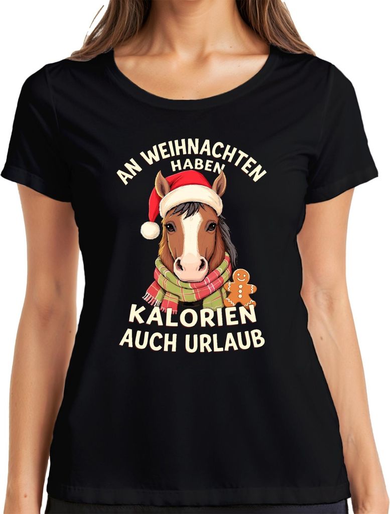 Weihnachten Kalorien auch Urlaub Pferd lustig Geschenk Reiter Damen T-Shirt, Schwarz, M